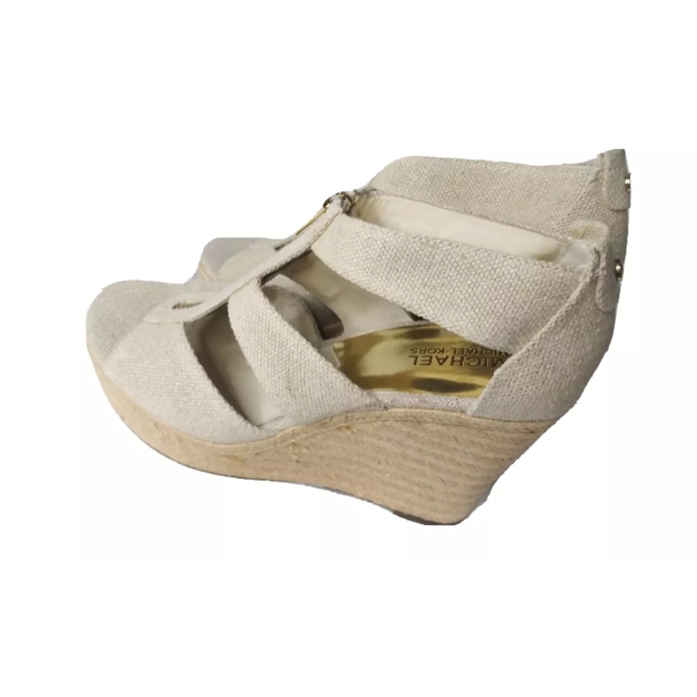 Michael Kors Damita Wedge Shoes Size 9.5M Khaki Heels Gold Zip Accent - Picture 2 of 11